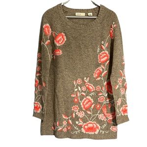 Sleeping On Snow Tan Pink Ranunculus Floral
Embroidered Wool Tunic Sweater Sz S
